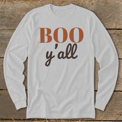 White long sleeve shirt with "Boo y'all" text in brown and orange lettering.