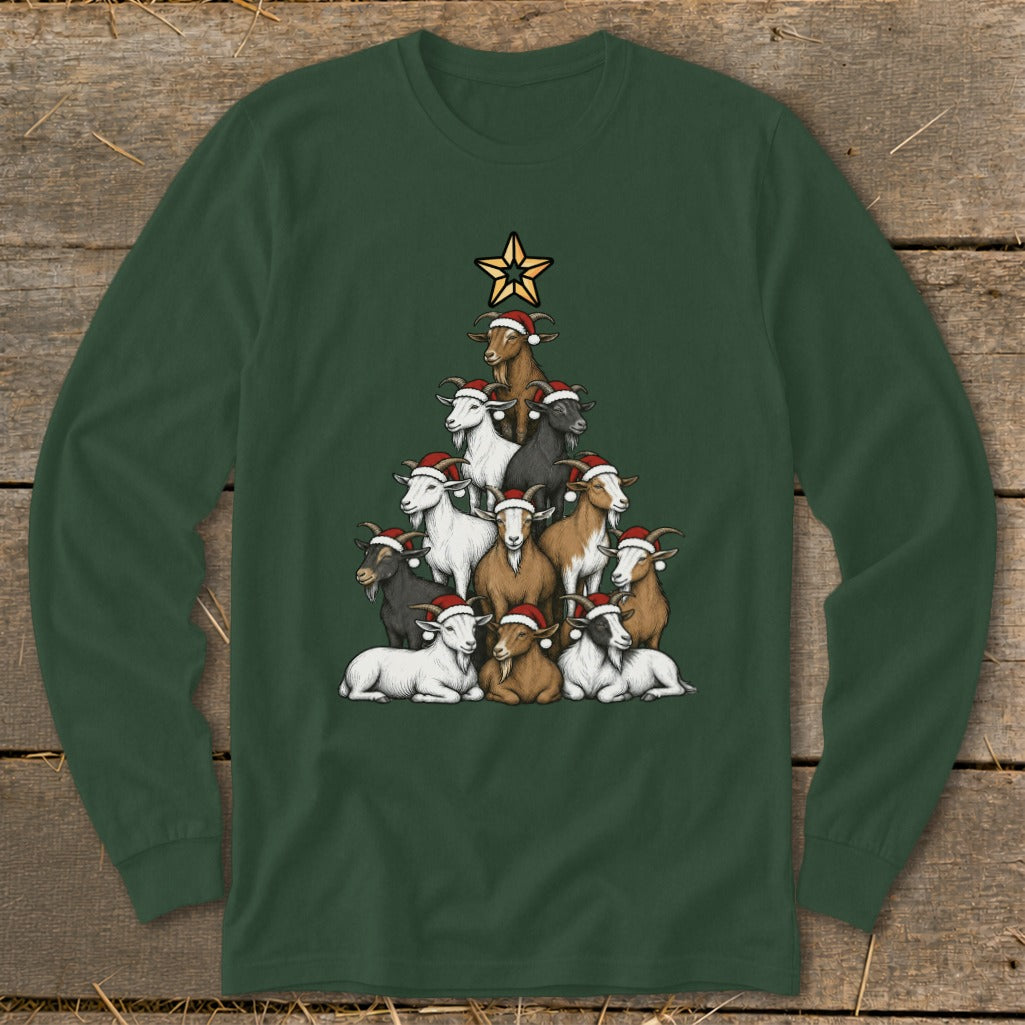 Goats in Santa hats arranged like a Christmas tree with a star on top.