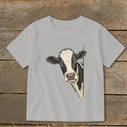 Light grey t-shirt with a black and white cow peeking from the side.