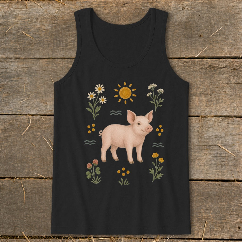 Black tank top with a pink pig and floral illustration.