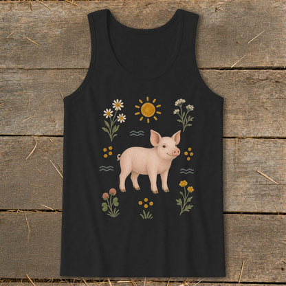 Black tank top with a pink pig and floral illustration.
