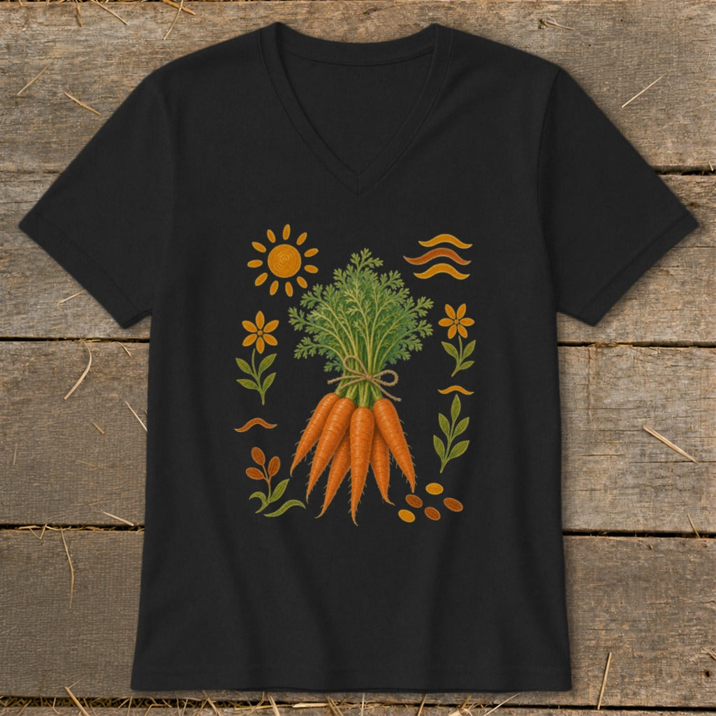 Black t-shirt with a bunch of carrots and whimsical garden illustrations.