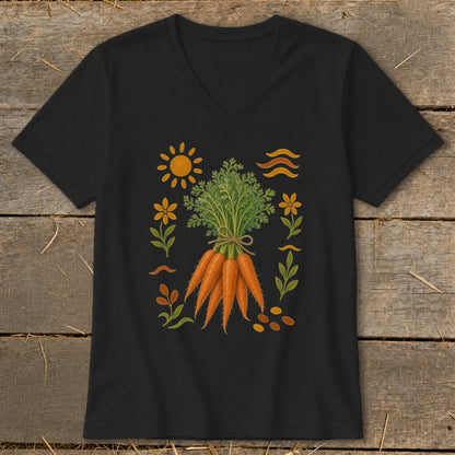 Black t-shirt with a bunch of carrots and whimsical garden illustrations.