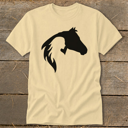Cream t-shirt with black silhouette of a horse head and woman's profile.