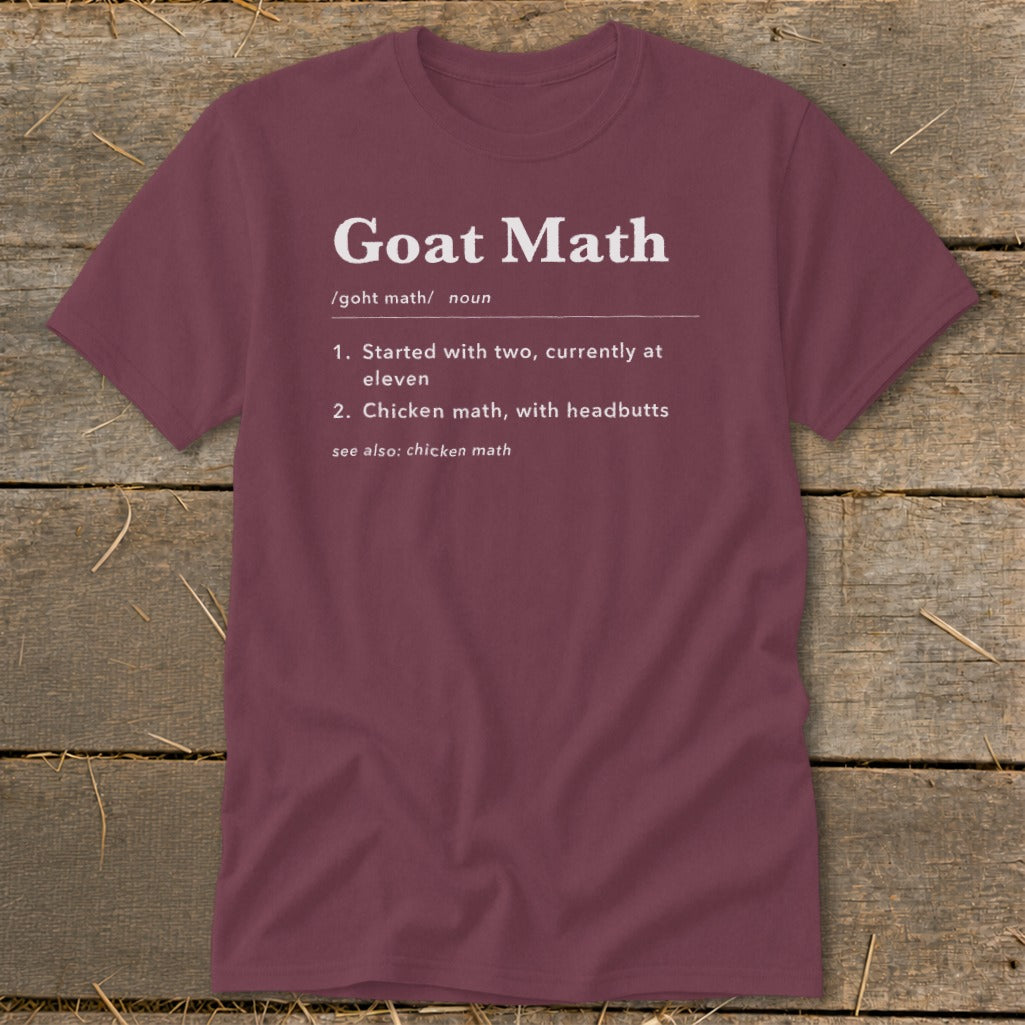 Maroon t-shirt with "Goat Math" definition printed in white text.