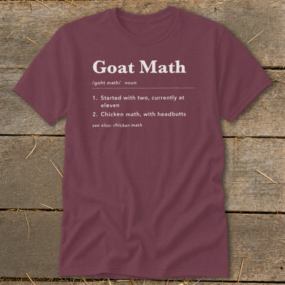 Maroon t-shirt with "Goat Math" definition printed in white text.