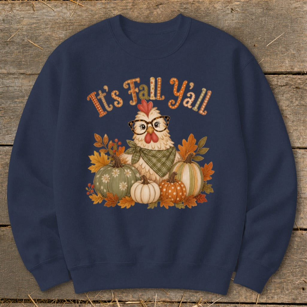 Navy sweatshirt with "It's Fall Y'all" text, a chicken, and pumpkins.