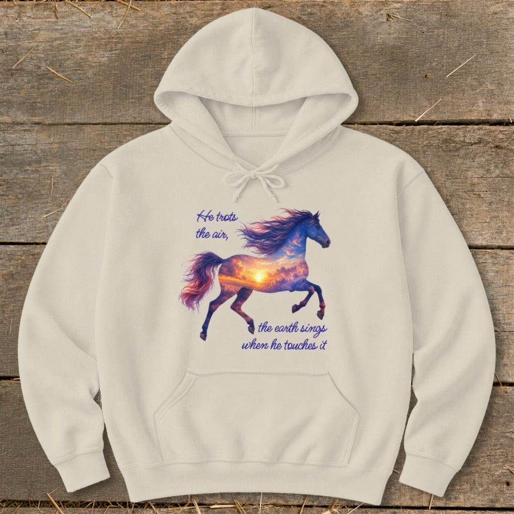 Cream-colored hooded sweatshirt featuring a graphic of a running horse filled with a sunset sky and text.