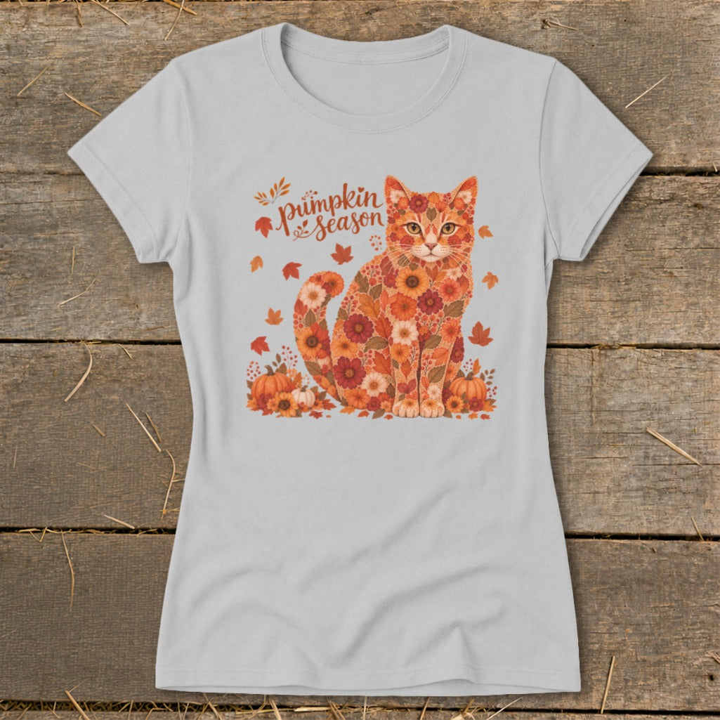 Gray t-shirt with a cat made of flowers and "Pumpkin Season" text.