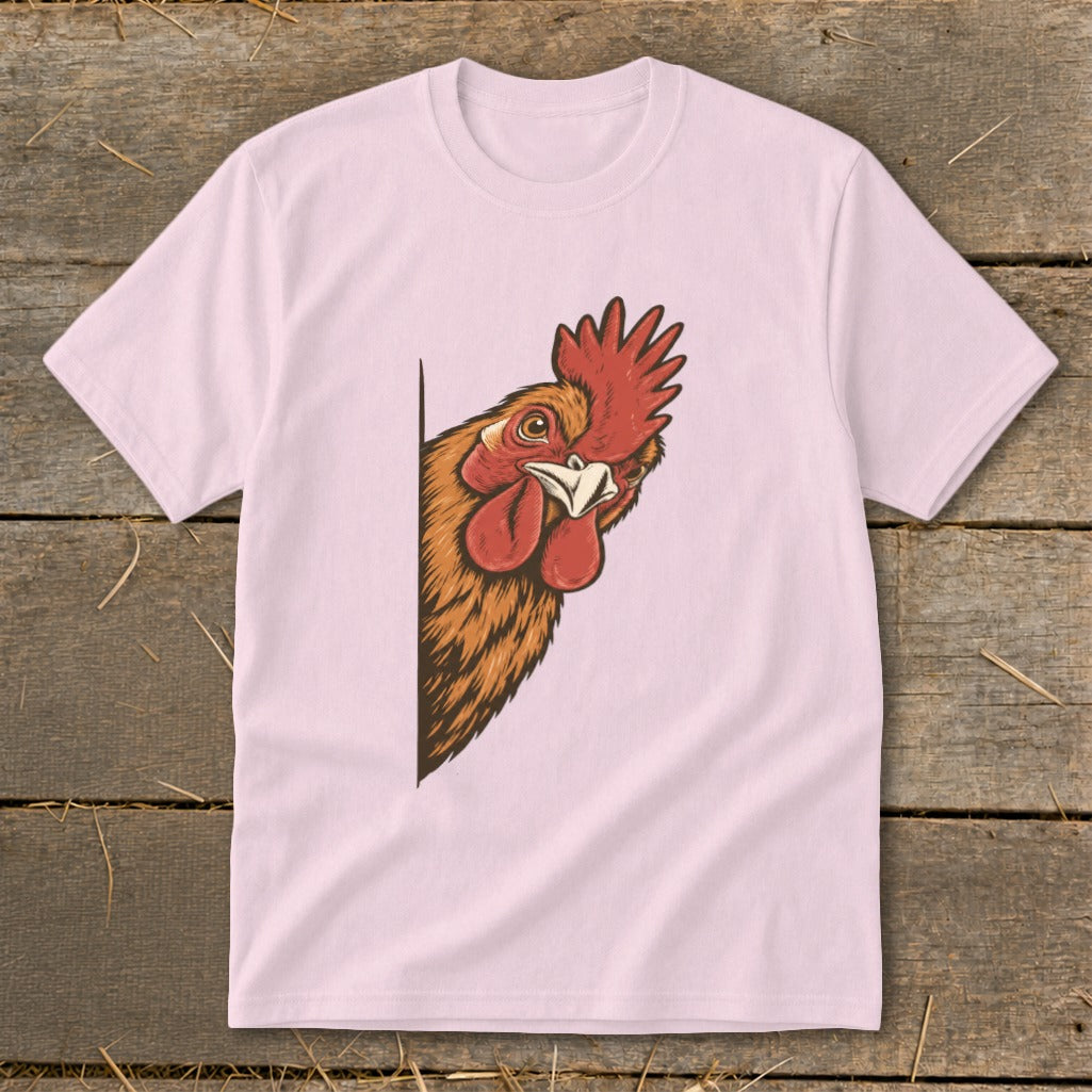 Light pink t-shirt with a peeking rooster graphic on the left side.