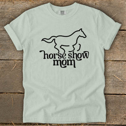Light green t-shirt with black line art horse and "horse show mom" text.