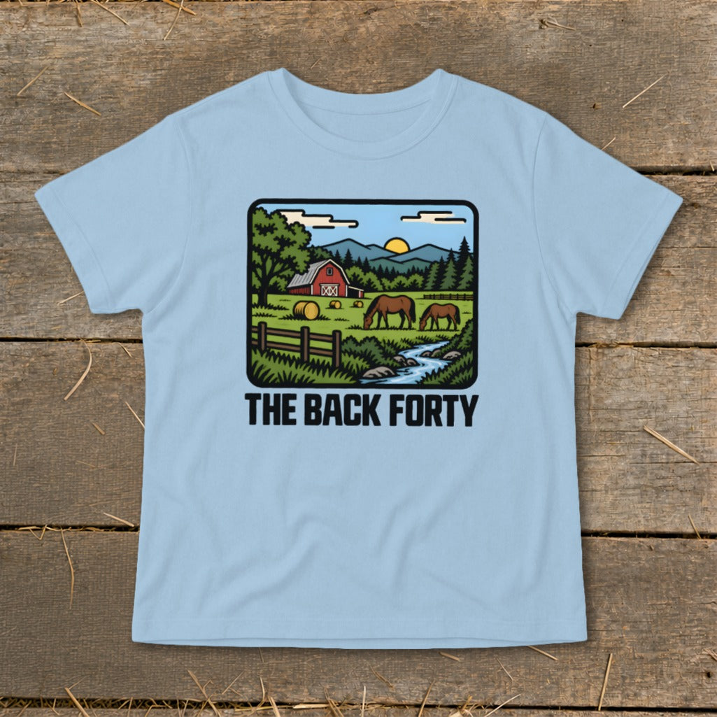 A light blue t-shirt with a vintage farm graphic and the text THE BACK FORTY.