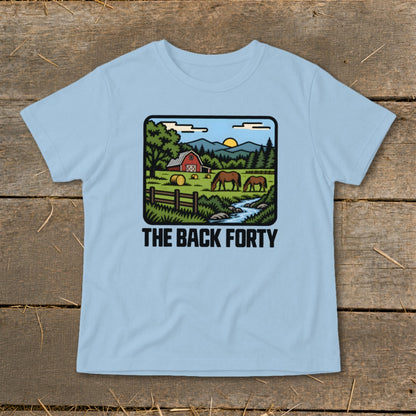 A light blue t-shirt with a vintage farm graphic and the text THE BACK FORTY.