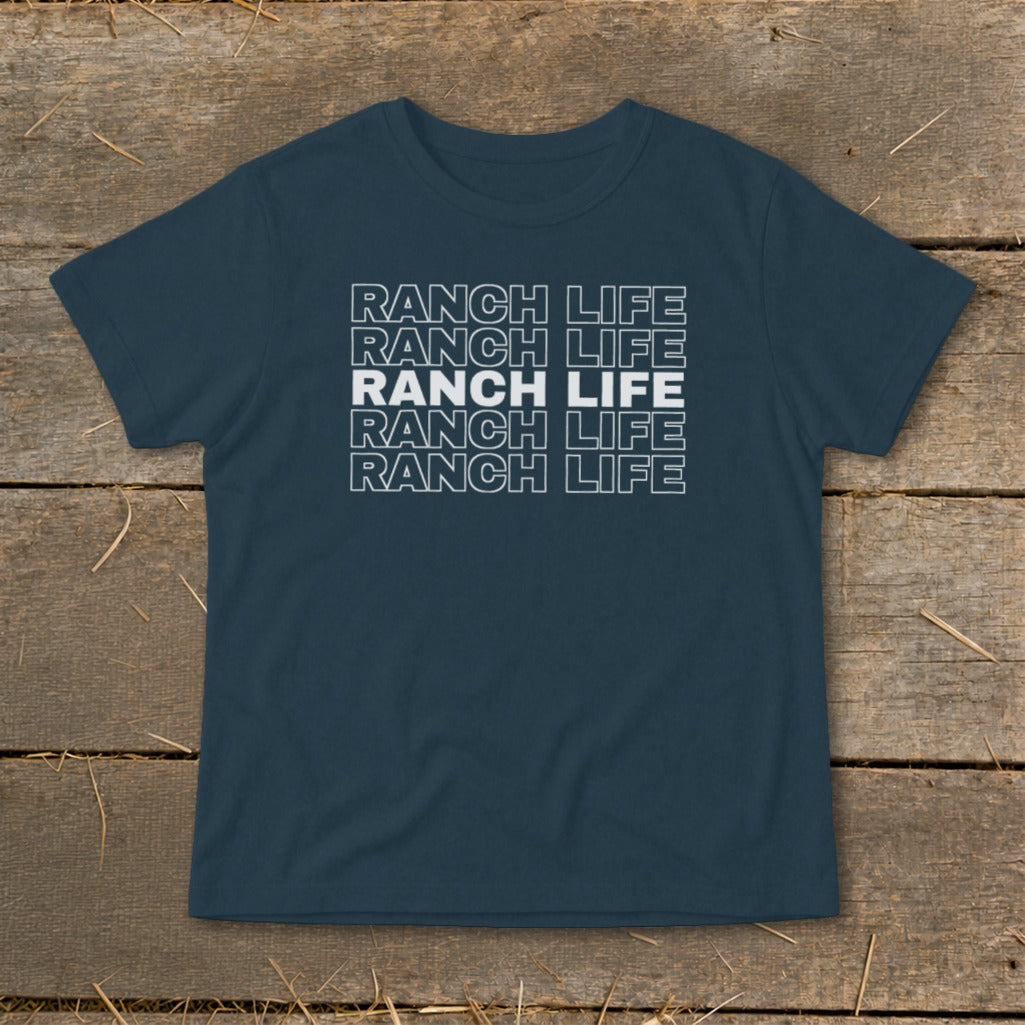 A dark blue short-sleeve t-shirt with the text RANCH LIFE repeated five times across the chest.