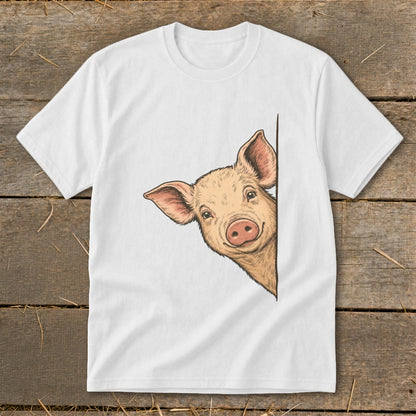 White t-shirt with a drawing of a pig peeking around a corner.