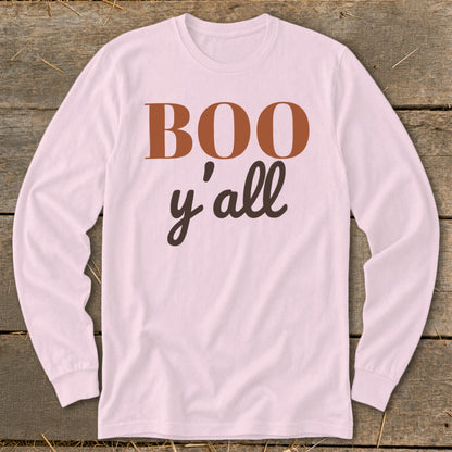 Pink long-sleeved shirt with "BOO y'all" text in brown and dark brown.