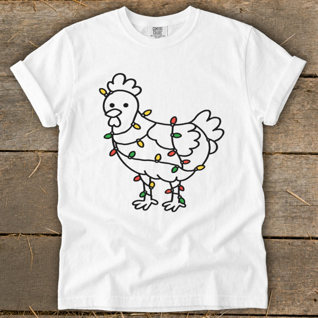 White t-shirt with a black outline drawing of a chicken wrapped in colorful Christmas lights.