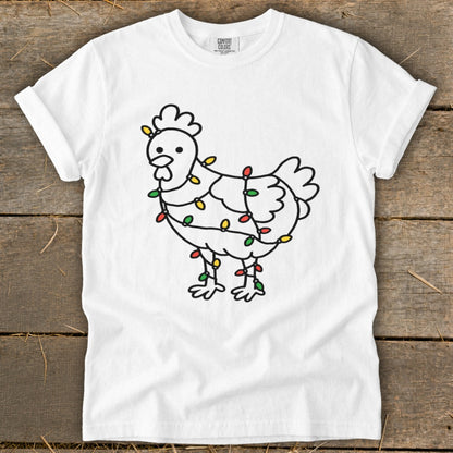 White t-shirt with a black outline drawing of a chicken wrapped in colorful Christmas lights.
