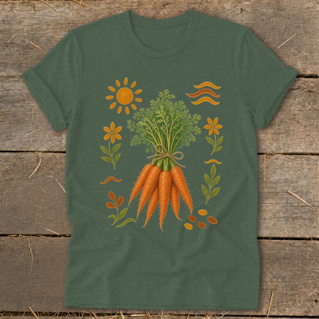 Green t-shirt with a bunch of carrots and garden illustrations.
