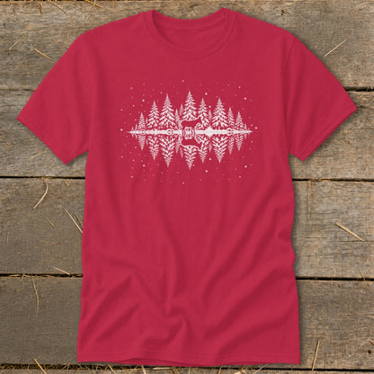 Red t-shirt with a white mirrored forest and guitar waveform design.