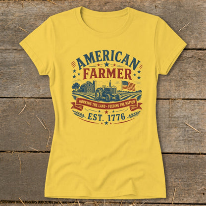 Yellow t-shirt with "American Farmer Est. 1776" graphic featuring a tractor, barn, and flag.