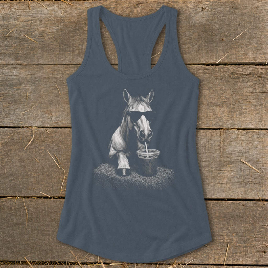 Horse with sunglasses drinking from a cup with straw, printed on a tank top.