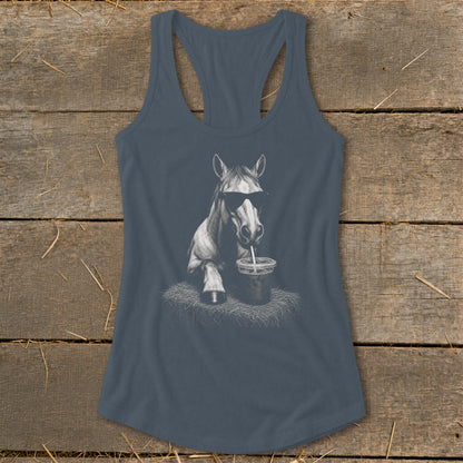 Horse with sunglasses drinking from a cup with straw, printed on a tank top.