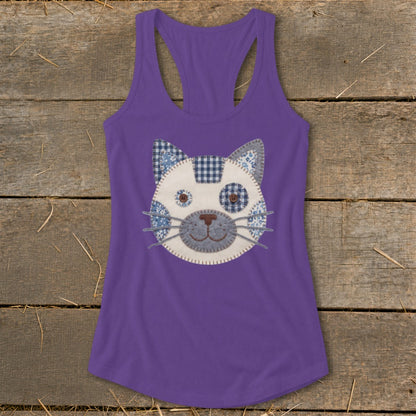 Purple tank top with a patchwork cat face design.