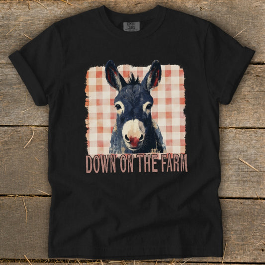 Black t-shirt with a donkey graphic and the text "DOWN ON THE FARM".