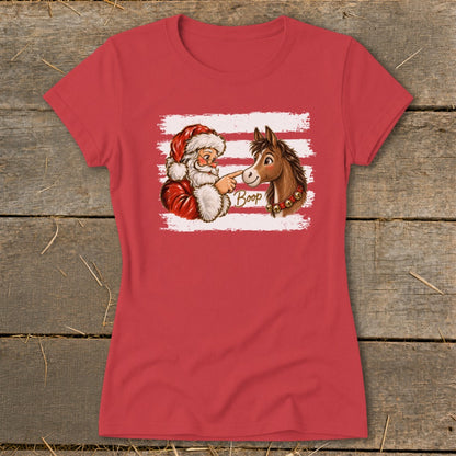 Santa booping a horse's nose with the word "Boop" written on a red t-shirt.