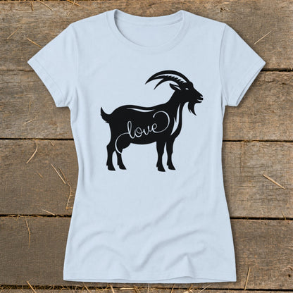 Light blue t-shirt with black goat silhouette containing the word "love".