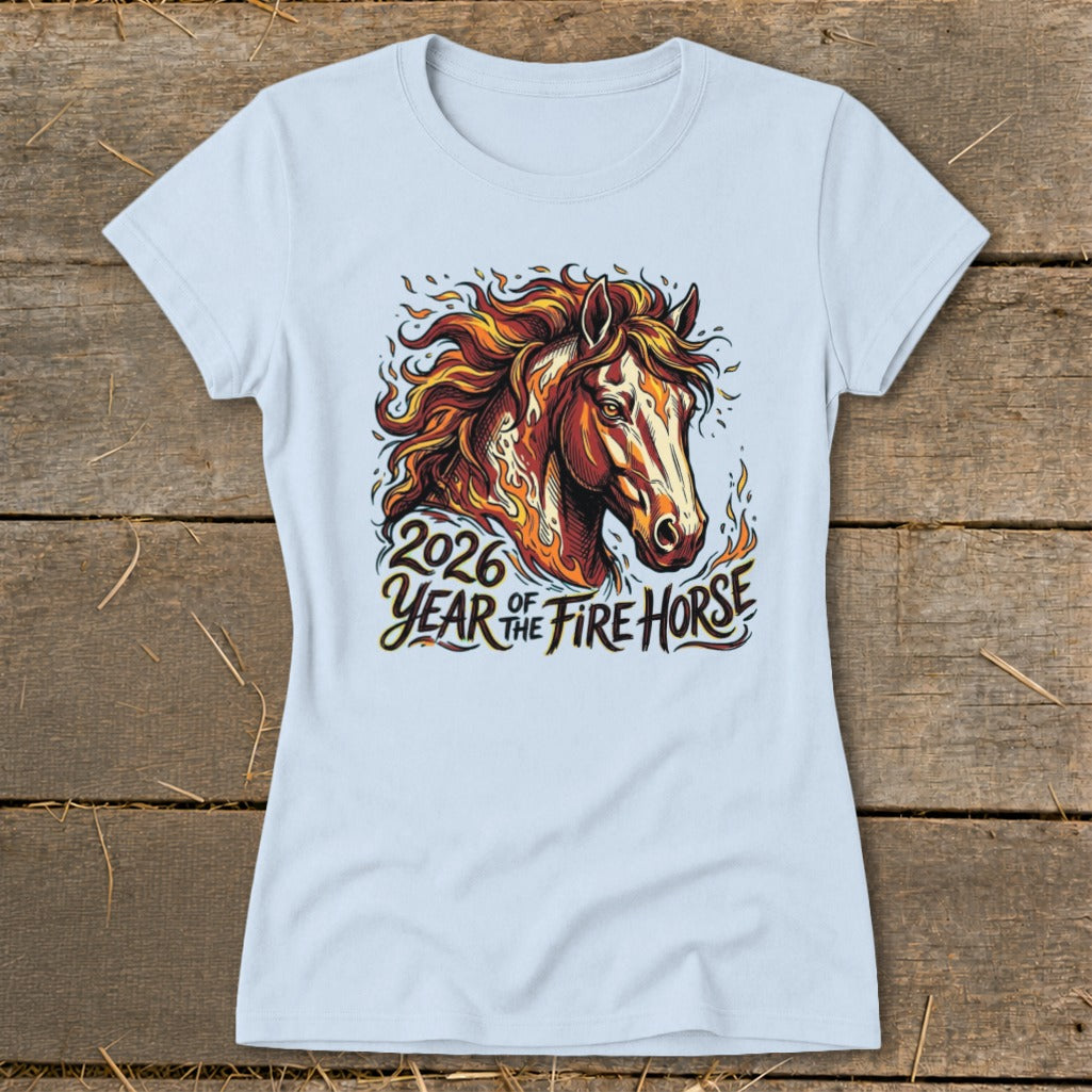 Light blue t-shirt featuring a fiery horse head design with "2026 Year of the Fire Horse" text.
