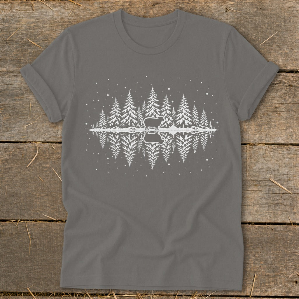 Gray t-shirt with white pine trees reflected over a guitar silhouette.