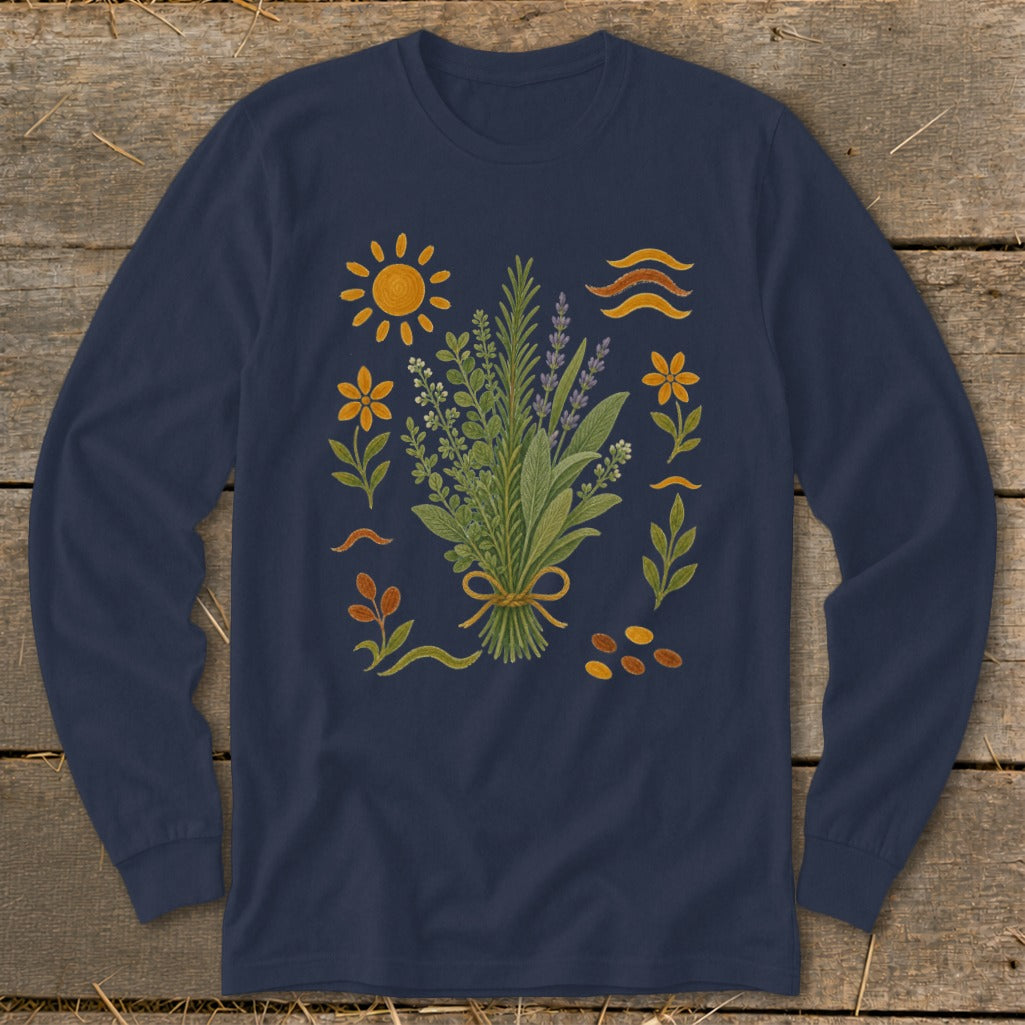 Navy long-sleeve shirt with botanical illustration of herbs, flowers, sun, and seeds.