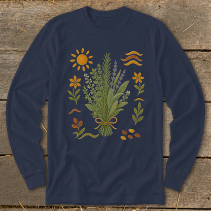 Navy long-sleeve shirt with botanical illustration of herbs, flowers, sun, and seeds.