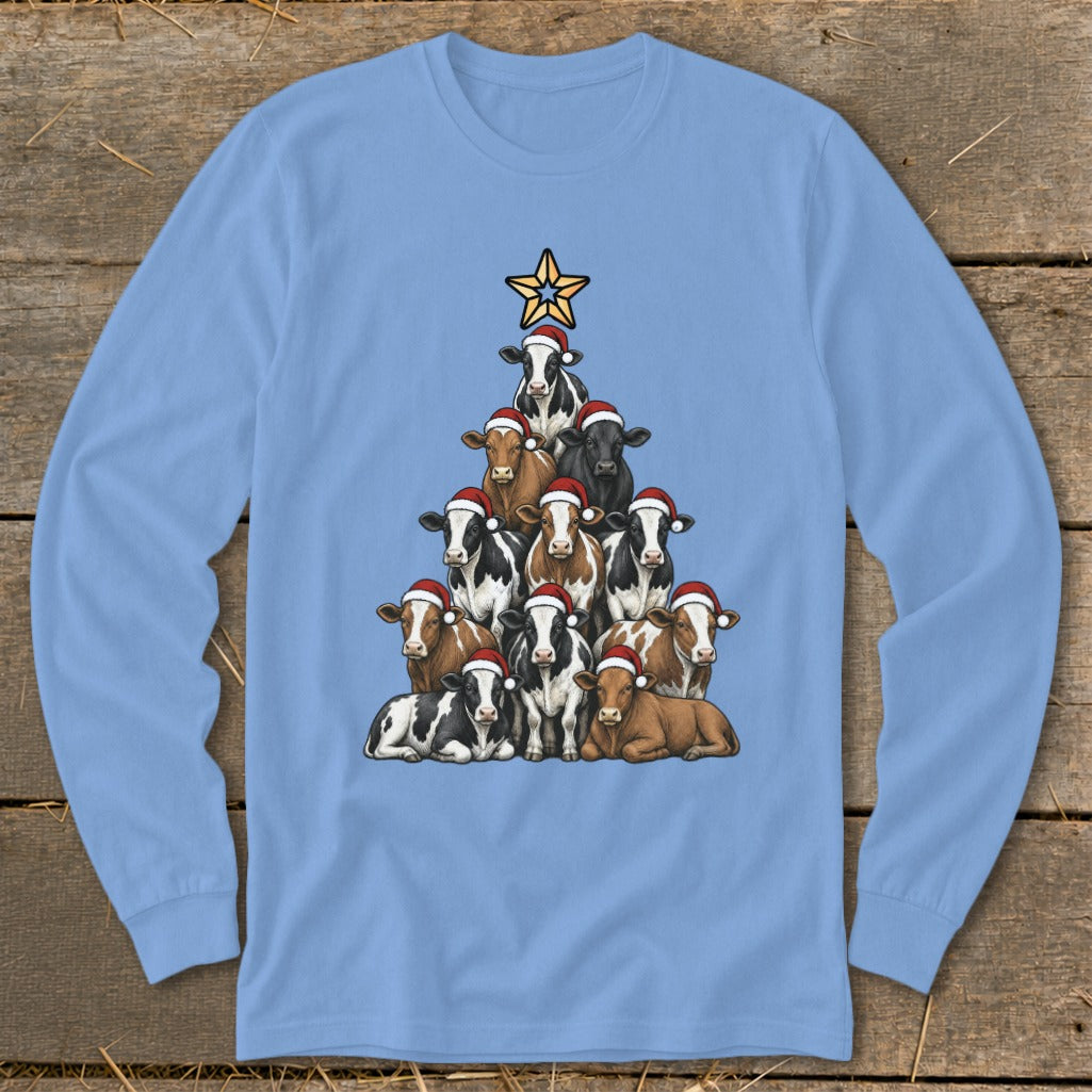 Cows wearing Santa hats arranged in a Christmas tree shape with a star on top.