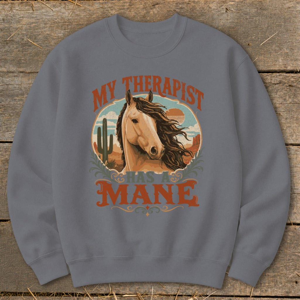 Grey sweatshirt with desert graphic and text "MY THERAPIST HAS A MANE".