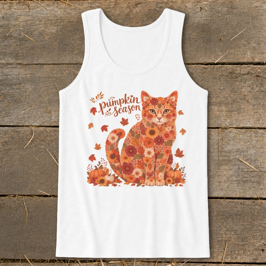 White tank top with a floral cat graphic and "Pumpkin season" text.