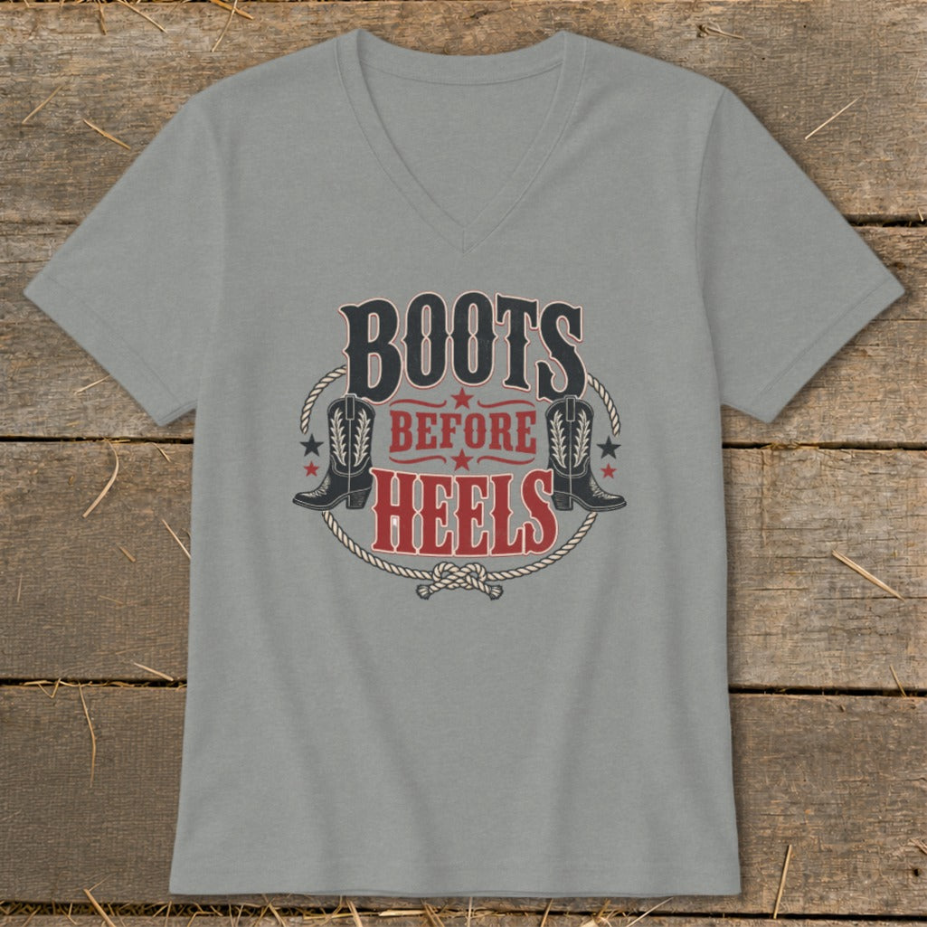 Gray t-shirt with "Boots Before Heels" graphic featuring cowboy boots.