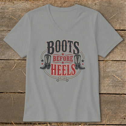 Gray t-shirt with "Boots Before Heels" graphic featuring cowboy boots.