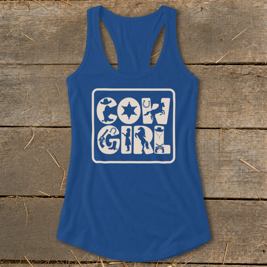 Blue tank top with "COW GIRL" and western-themed graphics.