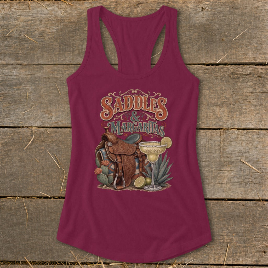 Maroon tank top with "Saddles & Margaritas" graphic featuring a saddle and margarita.