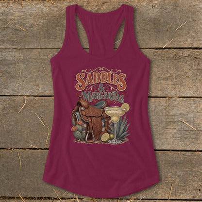 Maroon tank top with "Saddles & Margaritas" graphic featuring a saddle and margarita.