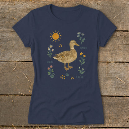Navy t-shirt with a duck and floral illustration, including the sun.
