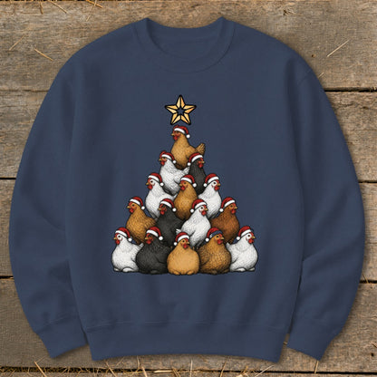 Christmas tree shaped arrangement of chickens wearing Santa hats.