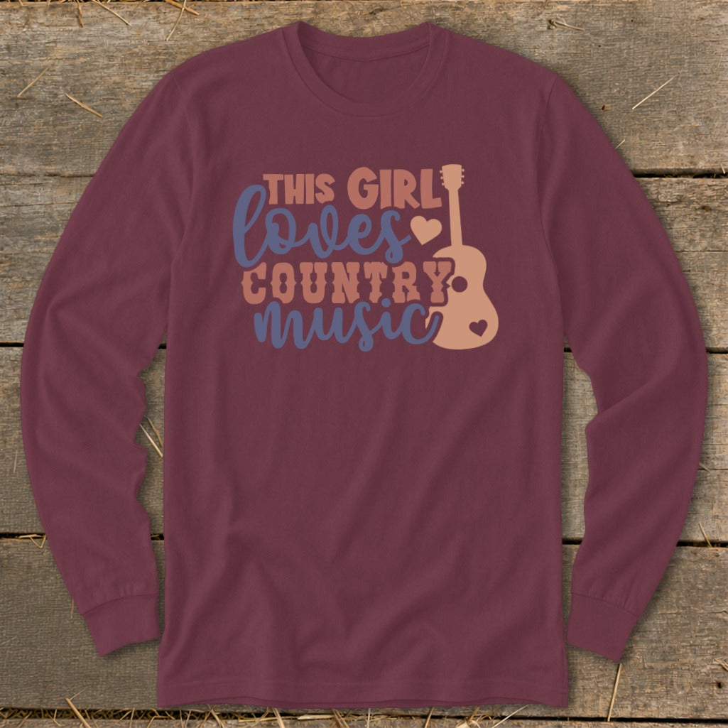 Maroon long-sleeve shirt with "This Girl Loves Country Music" graphic and guitar.