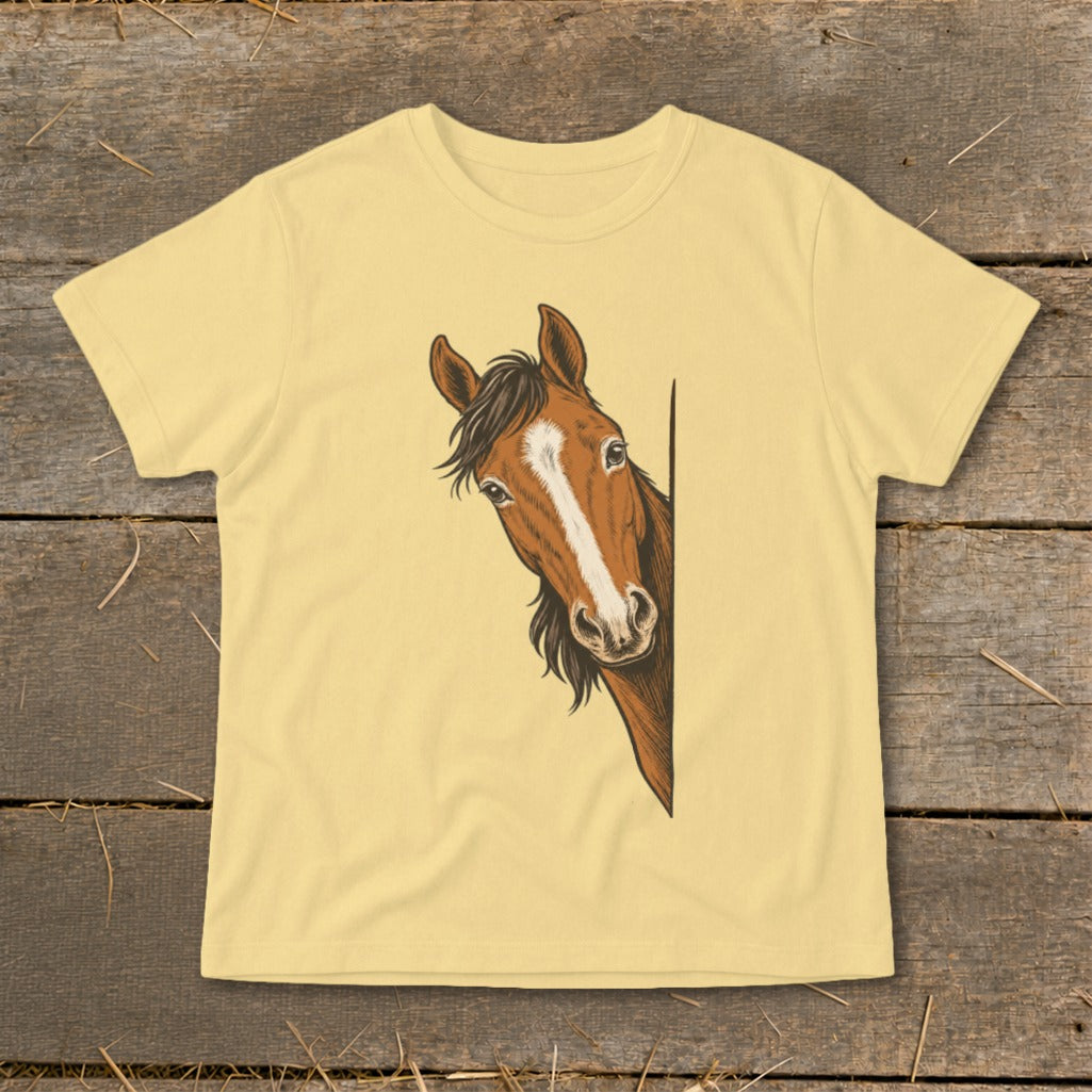 Illustration of a brown horse peeking from the side on a light yellow t-shirt.