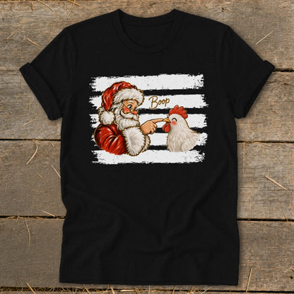 Santa booping a chicken with the word "Boop" on a black t-shirt.