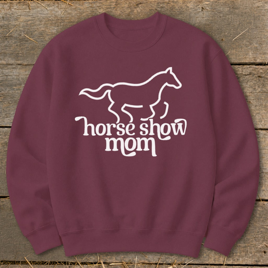 Maroon sweatshirt with white line art of a horse and "horse show mom" text.