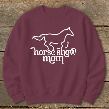 Maroon sweatshirt with white line art of a horse and "horse show mom" text.